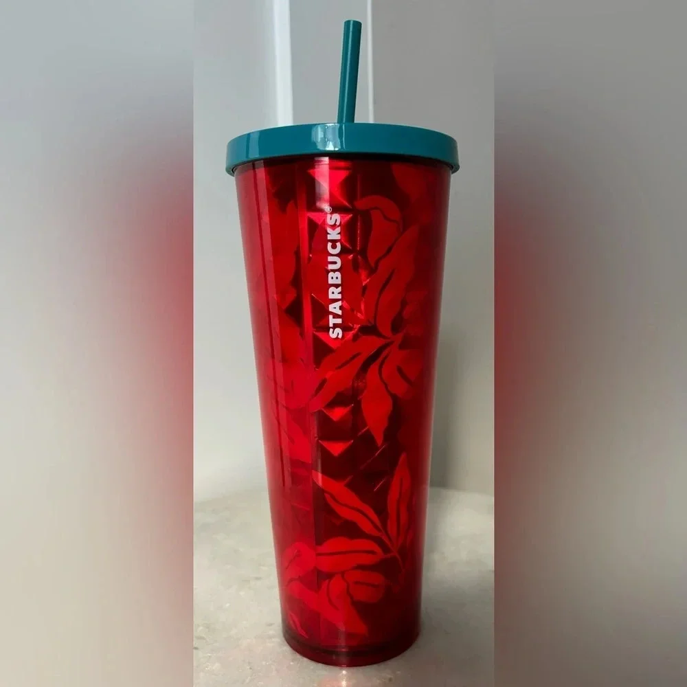 STARBUCKS Rare Red Flower & Teal Lid Straw Tumbler 24oz Excellent Condition‎